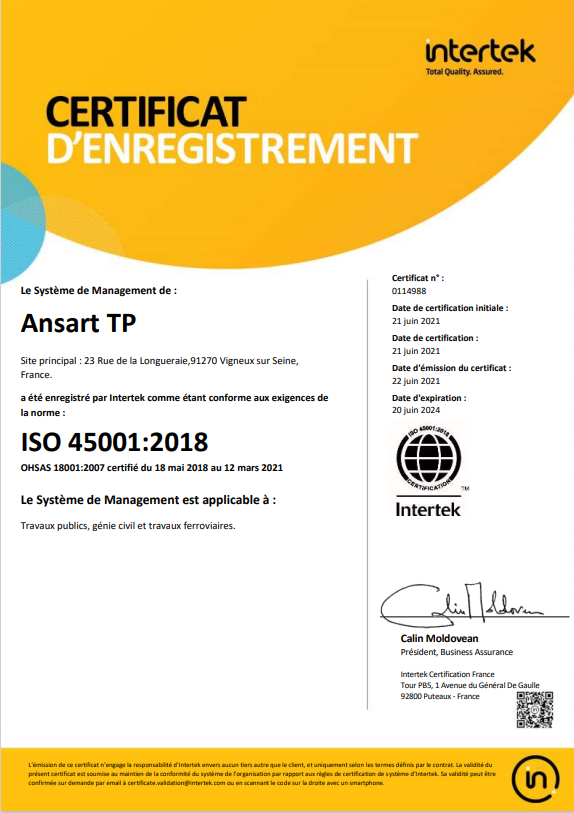 Certificat ISO 45001 — Ansart-TP
